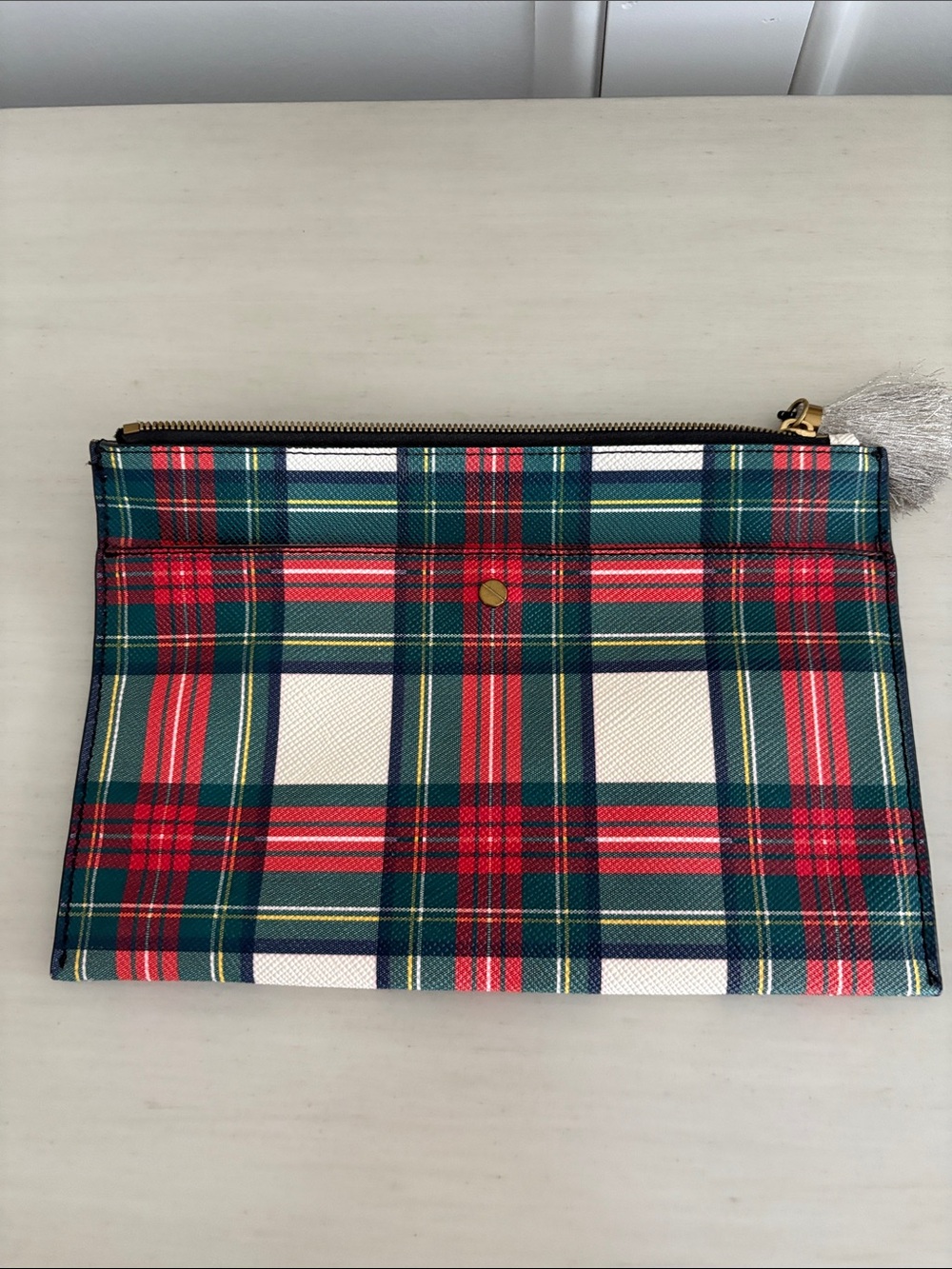 J. Crew Plaid Zip Clutch in Red, Green & White